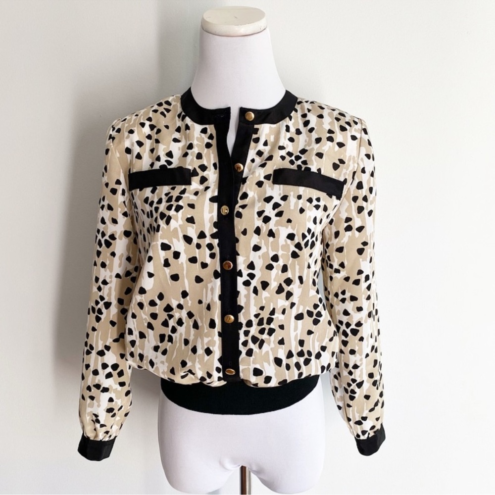 Vintage Andrea Gayle Tan Spotted Prints Button Up Bomber Blouse - Picture 2 of 14